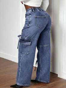 Slaydiva Plus Size Distressed Wide Leg Denim Cargo Pants - Blue - View 2