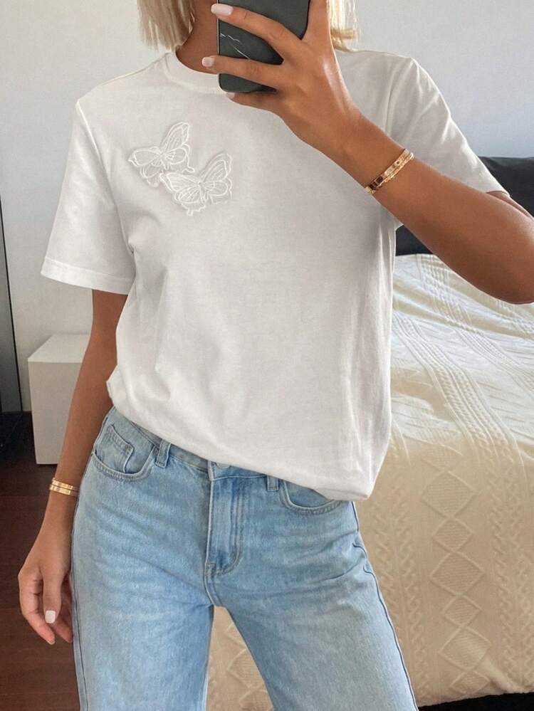 Women's Summer Round Neck Short Sleeve Bow Decor Vacation Chic Casual Elegant T-Shirt