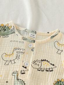 SHEIN Vintaside Kids 2件組 嬰幼兒男童夏季米色可愛卡通恐龍印花無袖背心&短褲套裝 休閒純棉服裝 適合遊戲運動&日常穿著 - 綠色 - 查看 7