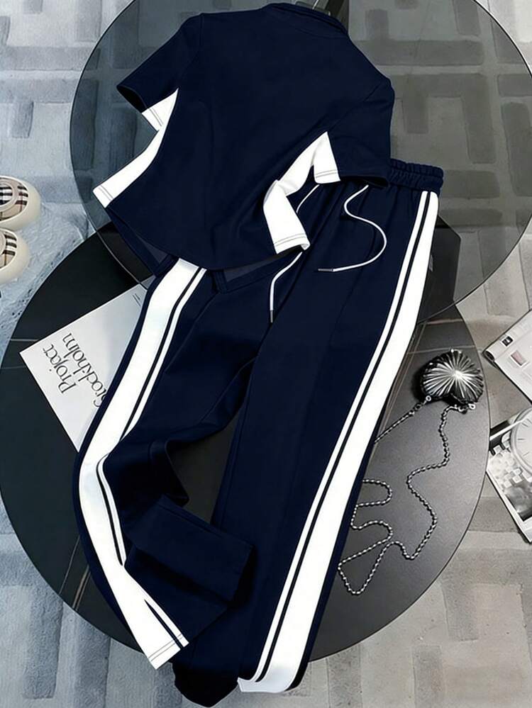 SHEIN Franclia Blusa de cuello alto de manga corta + Pantalones rectos con bolsillos laterales - Azul Marino - Añade 2