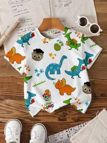 CoComelon X SHEIN Baby Boy Casual Cute Dinosaur Print Round Neck Short Sleeve Top, Summer - White - View 1