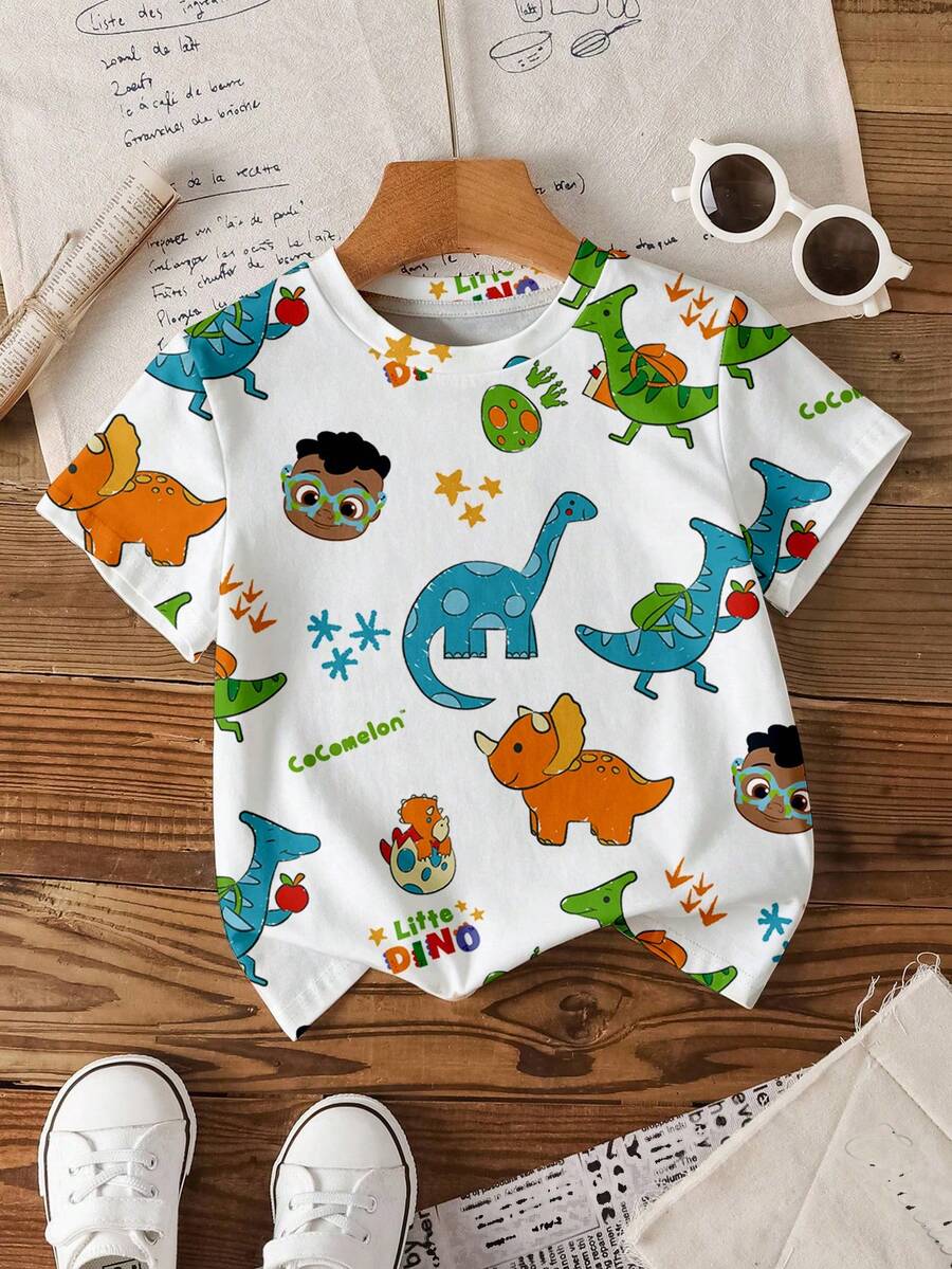 CoComelon X SHEIN Baby Boy Casual Cute Dinosaur Print Round Neck Short Sleeve Top, Summer - White - View 1