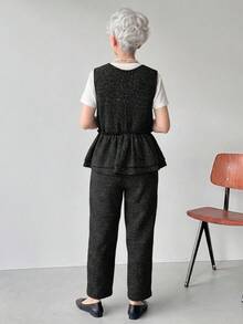 FRIFUL Bộ jumpsuit không tay xếp lớp cổ chữ V, trang phục mùa hè thanh lịch dành cho phụ nữ trung niên và lớn tuổi. - màu đen - Xem 2