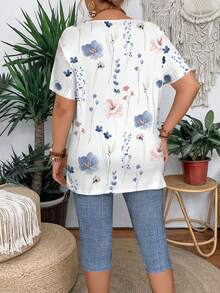 EMERY ROSE 夏季蓝色碎花圆领短袖T恤和打底裤两件套女装加大码套装，碎花两件套，休闲 - 彩色 - 查看 2