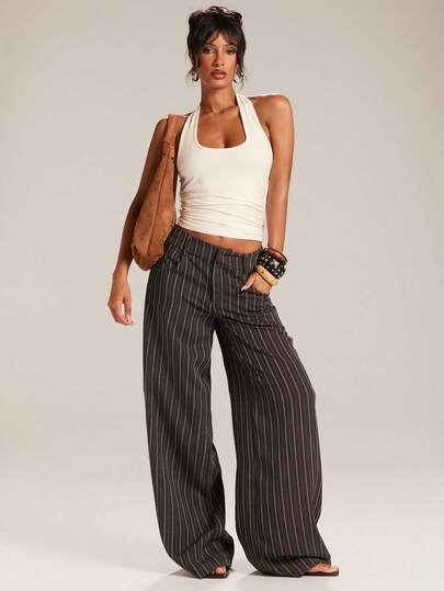 SHEIN BAE Quần ống rộng kẻ sọc có túi dành cho nữ, kiểu dáng thoải mái.
