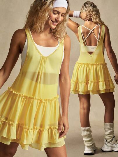 VARSIVA Women's Solid Color Ruffle Hem Sleeveless Summer Sports Dress