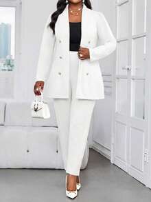 SHEIN Lady CURVE Bộ đồ công sở thanh lịch mùa thu đông màu hồng dệt kim cổ đứng cài vàng tay dài, cỡ lớn, áo khoác lông giả màu trắng. - trắng - Xem 1