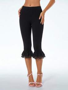 SHEIN ICON Women's Elegant Contrast Lace Ruffle Hem 7/8 Length Pants - Black - View 4