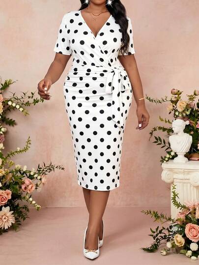 SHEIN Lady Plus Size Women Elegant 1920s Vintage Polka Dot Wrap Tie Waist Dress Brunch White With Black Polka Dots Summer Plus Size Women Elegant 1920s Vintage Polka Dot Wrap Tie Waist Dress Brunch White With Black Polka Dots Summer