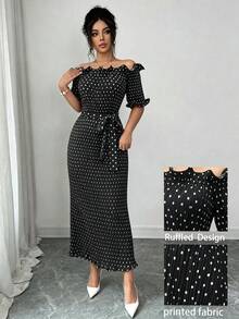 Modelyn 女士优雅波点短袖露肩荷叶边连衣裙，褶裥设计，舒适连衣裙 - 黑色 - 查看 8