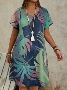 EMERY ROSE Robe d'été imprimée ample à col V avec double poche pour femmes grandes tailles. Robes d'été, tenues d'été, vêtements d'été, robes de printemps, tenues de printemps, vêtements de printemps pour femmes, style campagne pour femmes, robe de campagne pour femmes, tenues de vacances pour femmes, tenues de festival pour femmes, tenues de plage pour femmes - Bleu marine - Voir 5