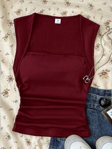 SHEIN Teen Girls T-Shirts Summer Solid Ruched Side Tank Top - Burgundy - View 3