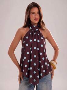 SHEIN BAE Áo hai dây nữ kiểu dáng thường ngày, cổ yếm, hở lưng, chấm bi, vạt không đều, thích hợp cho kỳ nghỉ biển, mặc hàng ngày, đi chơi, tụ họp bạn bè, áo hai dây chấm bi, trang phục lễ hội âm nhạc, đi làm, hẹn hò lãng mạn, thiết kế thời trang, áo hai dây chấm bi màu nâu. - màu nâu - Xem 4