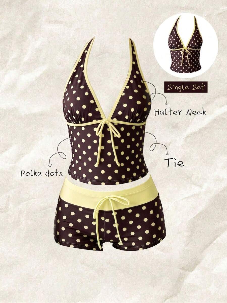 Elavelle Áo bikini hai dây buộc nơ in họa tiết ngẫu nhiên dành cho nữ, thích hợp cho mùa xuân/hè. - Nhiều màu - Xem 1