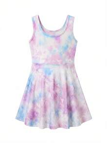 SHEIN 女童纯色圆领无袖修身休闲连衣裙运动装 - 粉色 - 查看 2