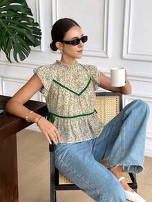 Serisse Women's Summer Casual Ditsy Floral Ruffle Hem Blouse - Green - View 6