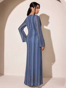 Veilorie Women's Spring/Autumn Beach Golf Vacation Colorblock Striped Print Flare Sleeve 2 In 1 Long Dress Pastal Sexy - Blue - View 2