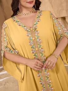 Al Najma Plus Size Solid Color Lace Trim Women Turkish Long Tunic, Arabic Traditional Maxi Dress - Mustard Yellow - View 6
