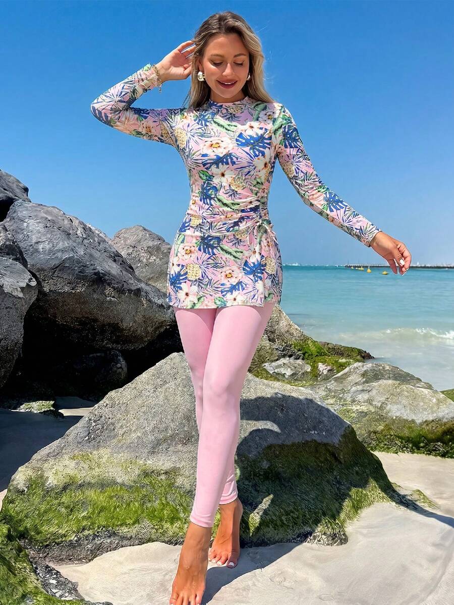 SHEIN Swim Mulvari 2pcs/Set Spring/Summer New Colorful Tight Casual Long Sleeve Tropical Plant & Floral Print Random Beach Resort Casual Bikini Swimsuit Set For Women - Multicolor - View 1
