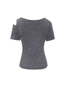 Women's Solid Color Asymmetric Collar Fitted Short Sleeve T-Shirt - Grey - View 2