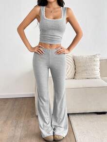 SHEIN MOOSTA Deep Gray Ribbed Knit Cropped Tank Top With Floral Trim And High-Waisted Retro Flare Pants, Fashionable Minimalist Casual Sweet Design, Highly Elastic And Soft, Women Spring/Autumn Set - Grey - View 4