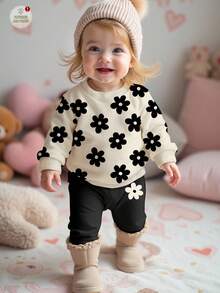 SHEIN 2 piezas Conjunto de sudadera de cuello redondo de manga larga y gruesa de punto con patrón floral casual y leggings para niña bebé, color negro y blanco, adecuado para otoño/invierno - Multicolor - Ver 1