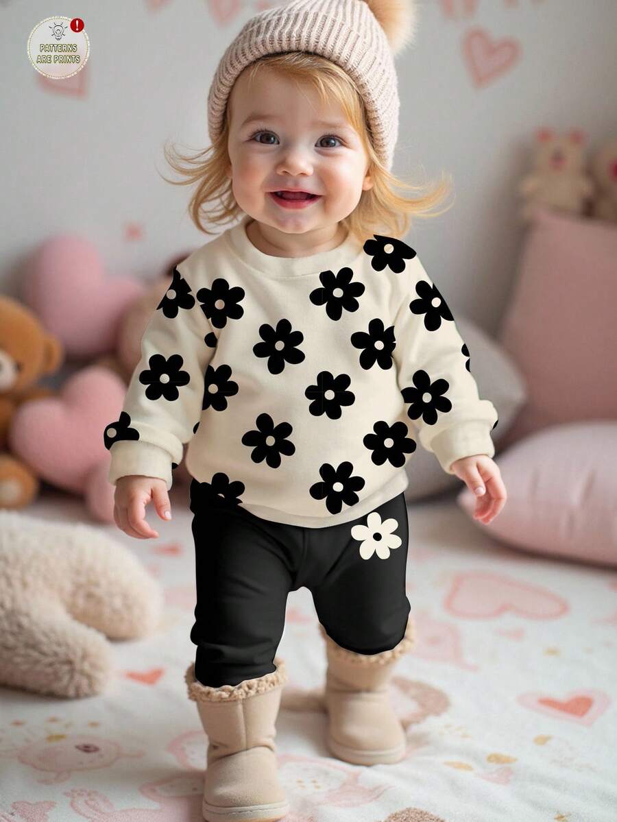 SHEIN 2 piezas Conjunto de sudadera de cuello redondo de manga larga y gruesa de punto con patrón floral casual y leggings para niña bebé, color negro y blanco, adecuado para otoño/invierno - Multicolor - Ver 1