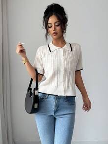GlowEve Áo khoác cardigan nữ mùa xuân/hè cổ polo phối viền tương phản, dệt kim gân dọc đục lỗ kiểu cổ điển, phong cách retro/Hàn Quốc, thích hợp cho đi làm, mặc hàng ngày, hẹn hò, công sở nhẹ và các dịp khác, thanh lịch. - Màu Khaki - Xem 5