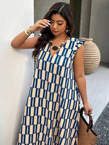 SHEIN LUNE CURVE 卡其色印花V领长款A字连衣裙。适合日常工作、休闲度假、外出逛街和参加派对。有大码可选，是一款春夏连衣裙。 - 彩色 - 查看 4