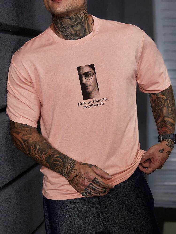 Pink Collaboration Letter Print Short Sleeve T-Shirt For Men