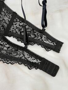 DAZY 2 piezas Conjunto de sujetador inalámbrico y panty con tirantes de espagueti ajustables y parches de encaje para mujeres - Negro - Ver 10