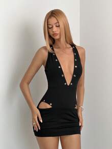 EgrlEra Women's Deep V-Neck Eyelet Decor Sexy Date Party Dress - Black - View 6