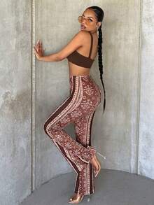 SHEIN SXY Hellängd stickade tryckta Stretchy Flare Byxor - Brun - Visa 8
