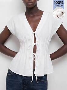 SHEIN Maija Women's Solid Color V-Neck Twist Front Casual Short Sleeve Top - White - View 7