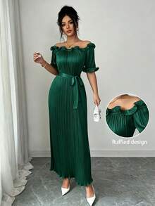 Modelyn Đầm ngắn tay màu sâm panh, trễ vai, viền bèo nhún, thanh lịch - Màu xanh lá cây đậm - Xem 6
