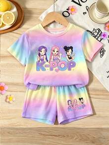 2pcs/Set 4-7 Years Old Girls Korean Idol K-POP Ombre Print Round Neck Short Sleeve T-Shirt And Shorts,Summer,Family Matching,Lightweight Daily Wear - Multicolor - View 4