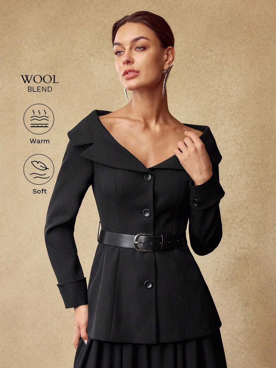 MOTF PREMIUM WOMEN'S GLITTER MATERIAL V-NECK BLAZER WITH BELT, AUTUMN/WINTER - Black - View 1