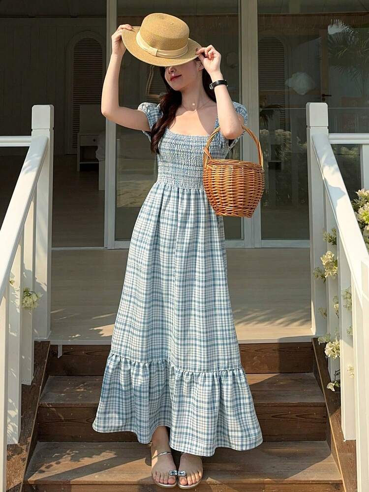 Women's Plaid Fabric Square Collar Short Sleeve Waist Cinched Casual Long Denim Dress, Summer Boho