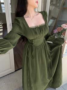 Feyla Women's Solid Color Minimalist Long Sleeve Dress, Casual Everyday Wear - Army Green - View 7