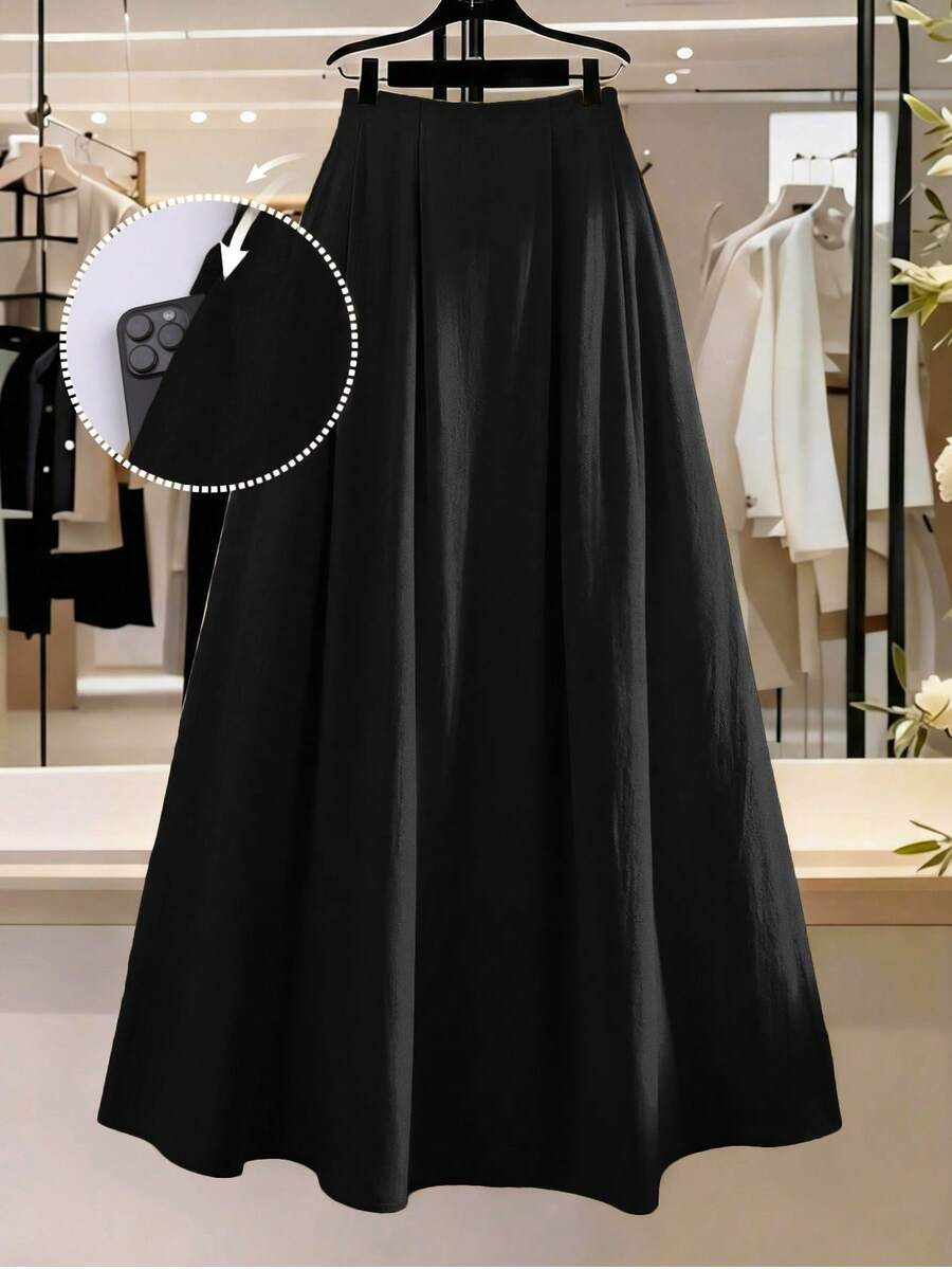 Franclia Chân váy dài xếp ly dáng chữ A cạp cao màu trơn dành cho nữ cỡ lớn, thanh lịch, mang phong cách Pháp cổ điển lãng mạn tối giản, phù hợp cho công sở, đi làm, kinh doanh, thường ngày, đi biển, nghỉ dưỡng, phong cách đường phố, tiệc trà chiều, phong cách Boho, Trung Đông, bộ sưu tập mới Xuân/Hè. - màu đen - Xem 1