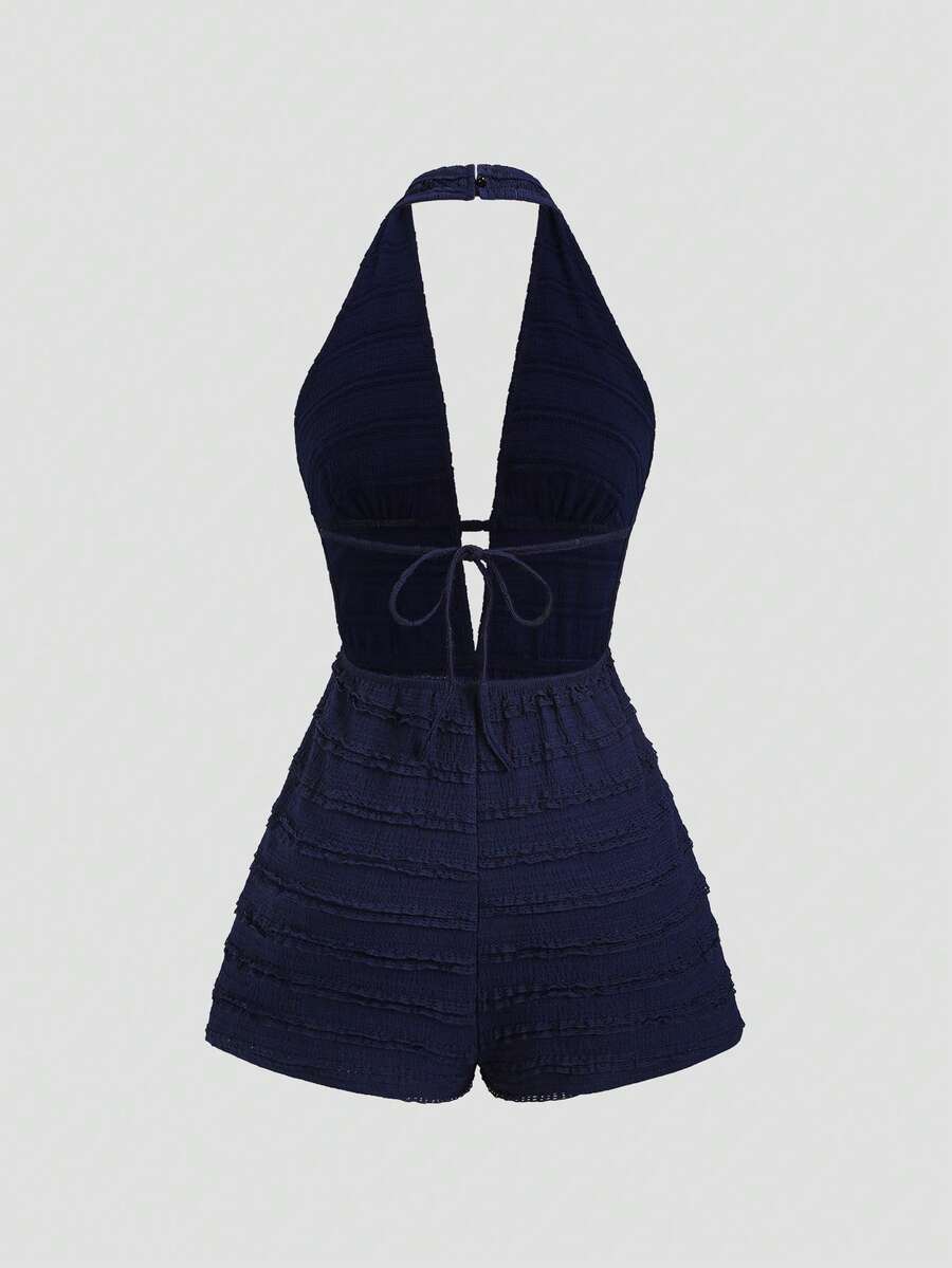Sweetra Mono de estilo de vacaciones para mujer con textura y calado - Azul Marino - Ver 1