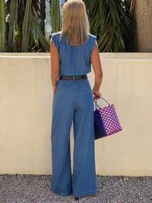 Livesso Cotton Collared Sleeveless Waist Cinched Women Denim Jumpsuit And Overalls - Blue - View 2
