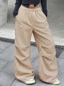 Coolane 夏季女款街頭風休閒基礎條紋寬腿沙灘酒吧長褲，度假女裝 - 棕色 - 查看 5