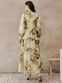 Anewsta Đầm maxi dài tay cổ chữ V thanh lịch, họa tiết hoa, phối ren và bèo nhún, thích hợp cho mùa xuân/hè. - Vàng nhạt - Xem 2