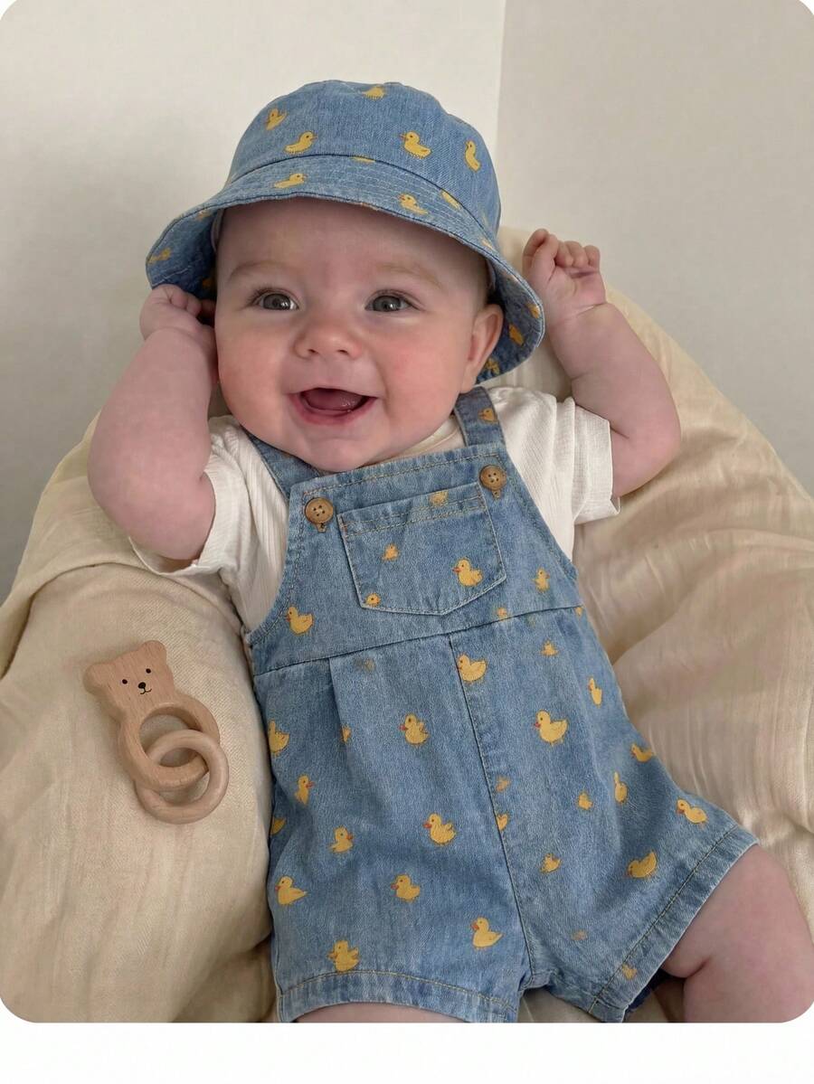 新生女宝宝可爱百搭粉色爱心连体衣，夏季 - 藍色 - 查看 1