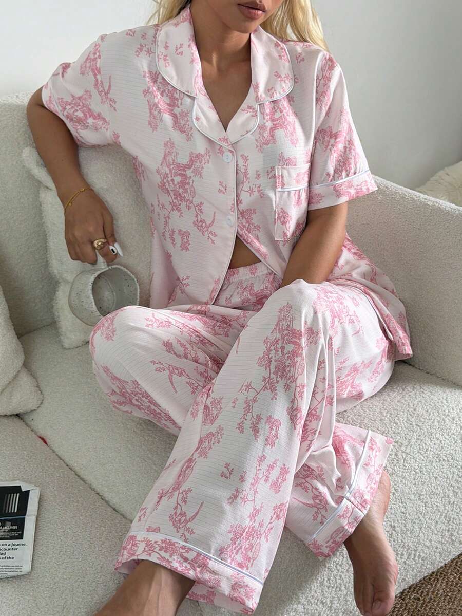 Napfluff Bubble Wrinkle Floral Print Short Sleeve Pajama Set - Baby Pink - View 1