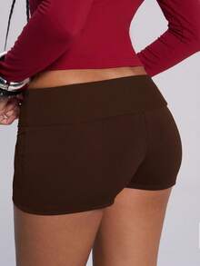 TypaGal Women's Solid Color Metal Eyelet Fitted Summer Casual Shorts - Brown - View 3