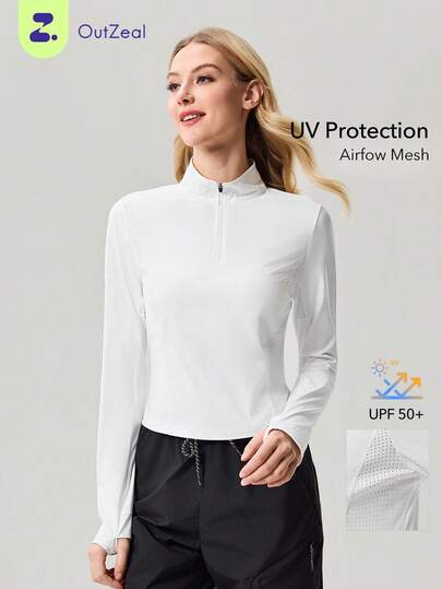 OutZeal Women Outdoor White Tee Hiking Camping UV Protection Long Sleeve Mesh Design Stand Collar Outdoor Tops