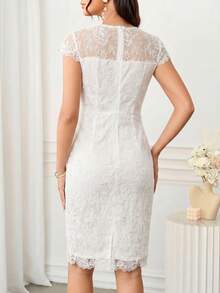 Ellevyn Women's Elegant White Summer Wedding Guest V-Neck Short Sleeve Fitted Embroidered Mesh Mini Dress,Flattering Silhouette For Casual,Work,Gathering - White - View 2
