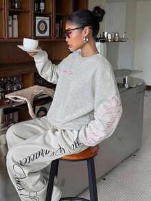 Muchica Light Grey Knit Sweatshirt With Embroidery Design, Women's Pullover, Y2K Grey Sweatshirt - Light Grey - View 4